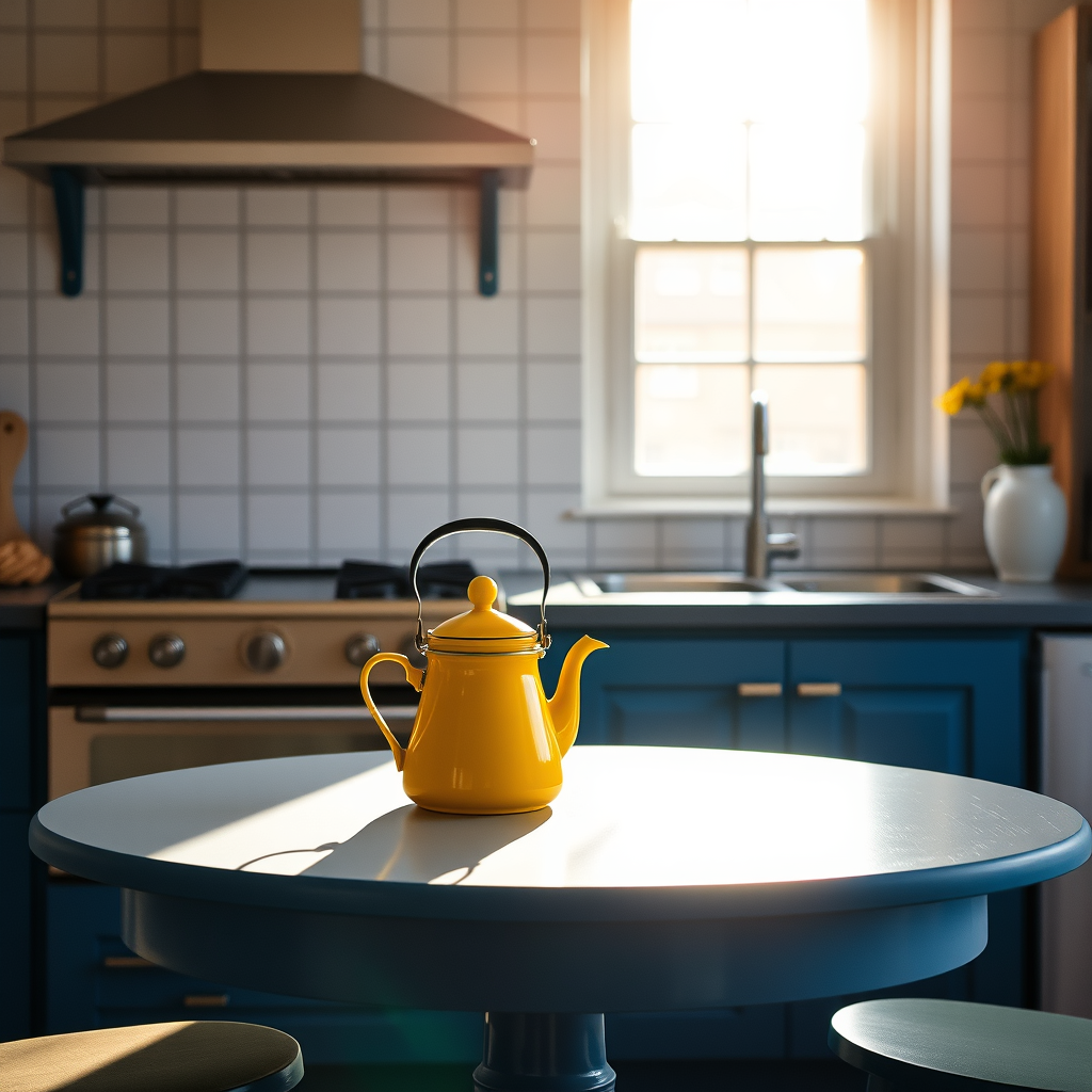 Main image studio: a yellow teapot on a blue kitchen table in morning light