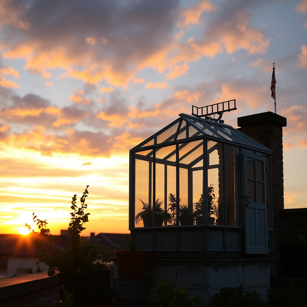 Main image studio: a tiny greenhouse on a rooftop at sunset