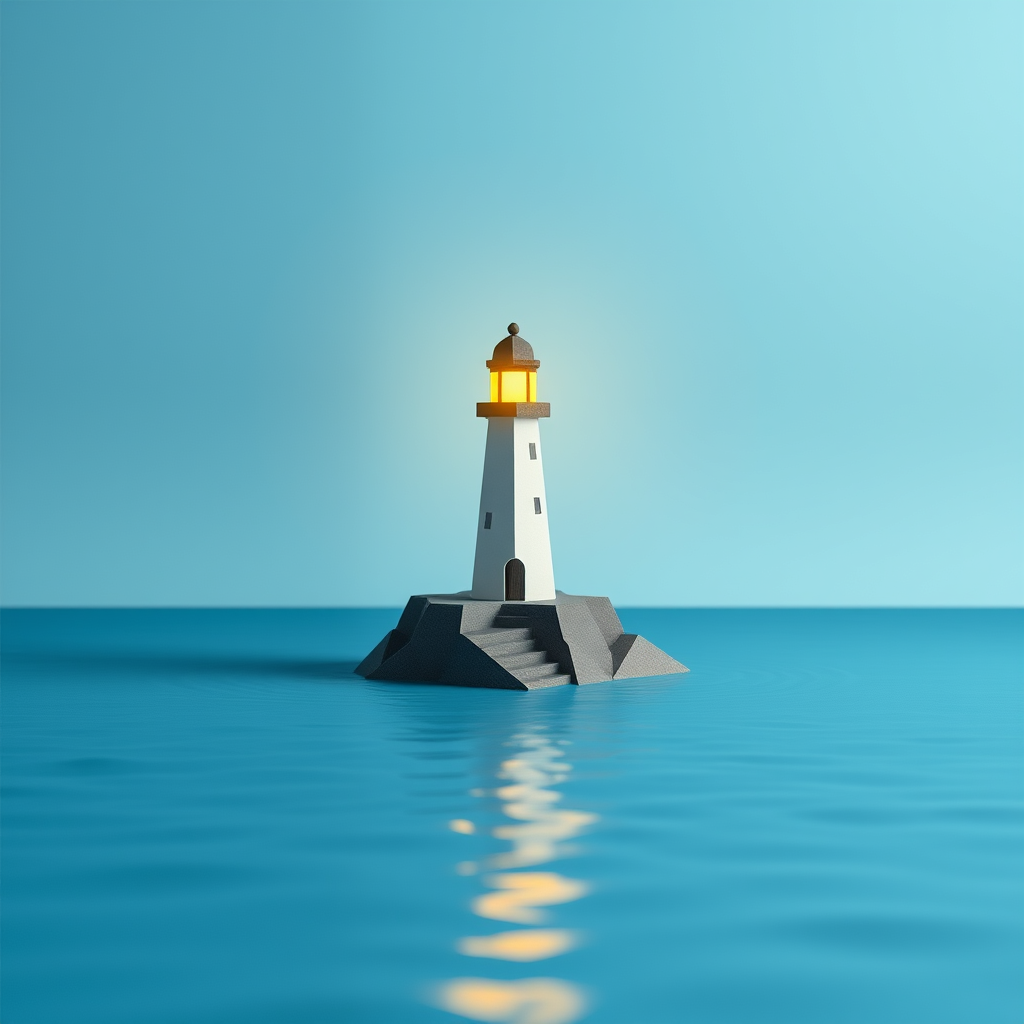 Main image studio: a paper lighthouse on a calm blue sea