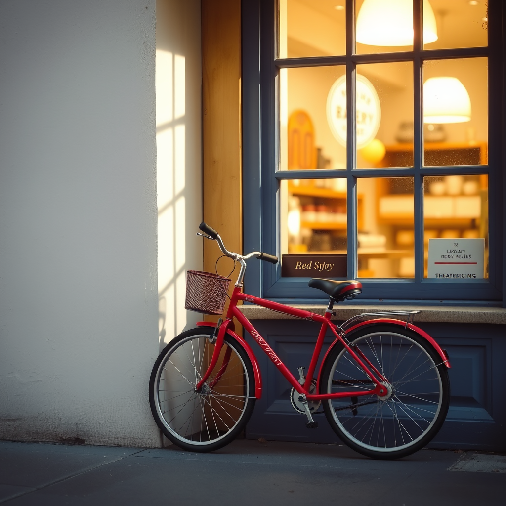Main image studio: a small red bicycle beside a sunlit bakery window