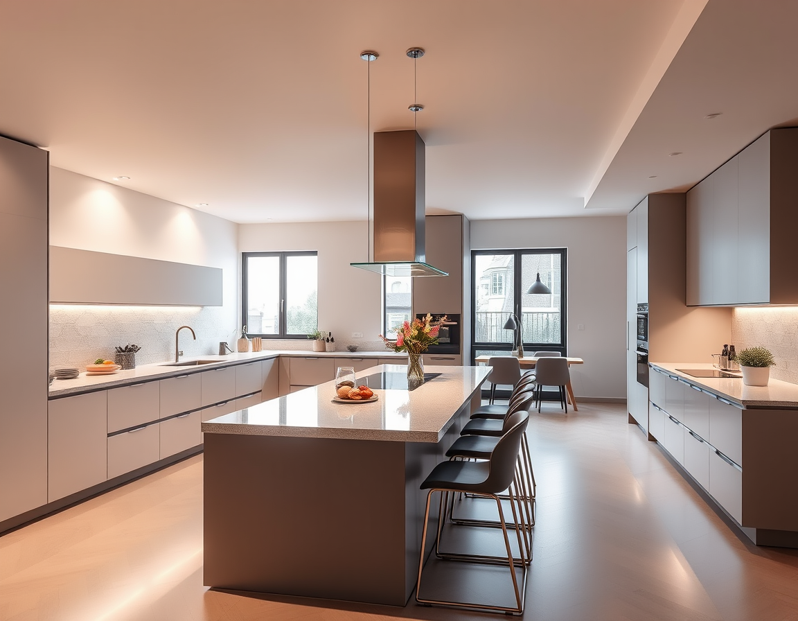 Main interior studio: A photorealistic kitchen interior design in Modern style: clean lines, a neutral palette with bold accents, sleek low-profile furniture, glass and mat