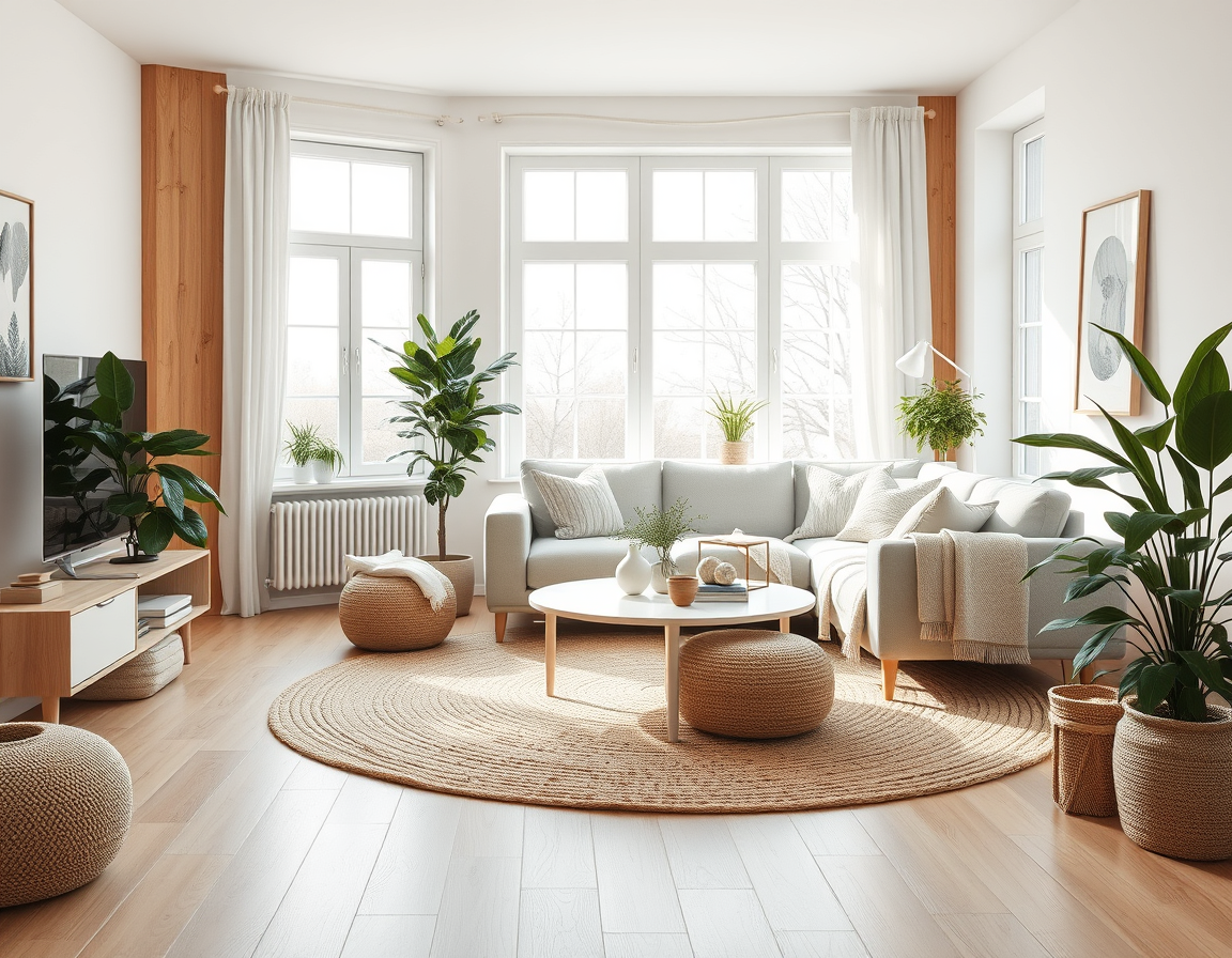 Main interior studio: A photorealistic living room interior design in Scandinavian style: light oak wood, a white and soft-grey palette, wool and linen textiles, a woven ju