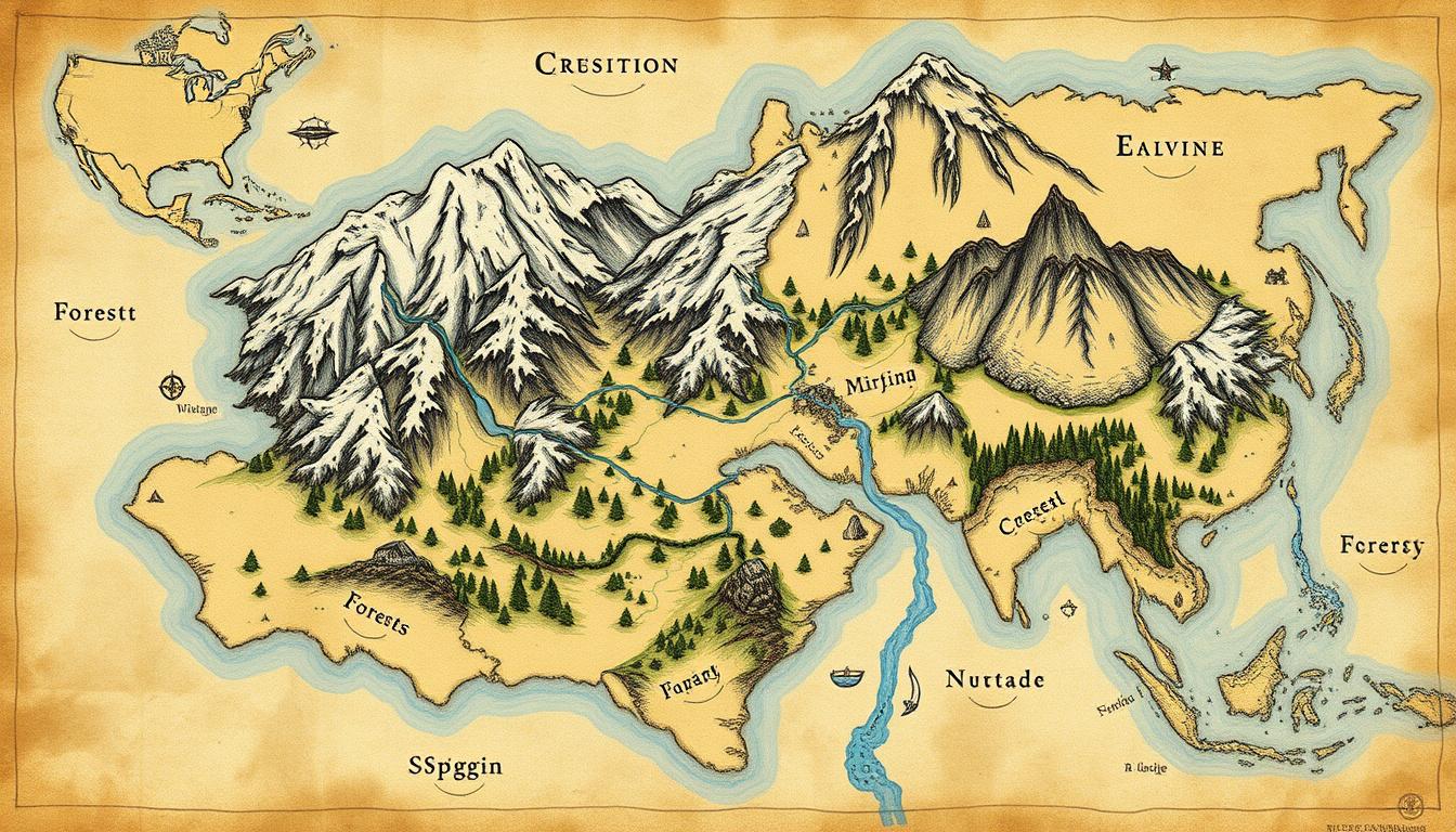 Illustrated continent map with glaciers, mountain chains, forests, rivers, and plains