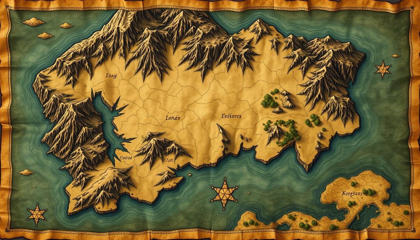 Textured island fantasy map with mountains, rivers, forests, and coastlines