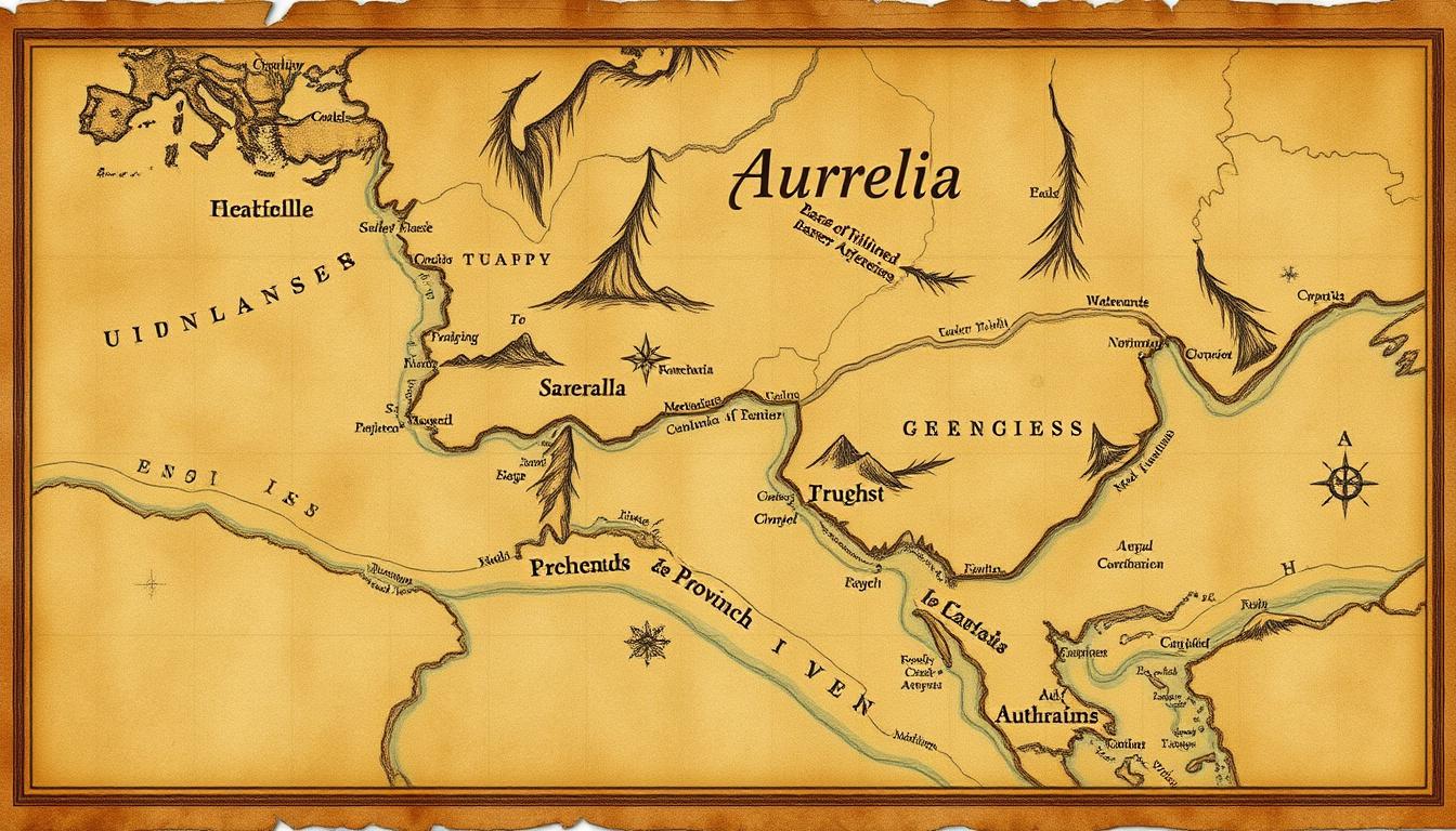 Parchment fantasy map of Aurelia divided into geographic provinces
