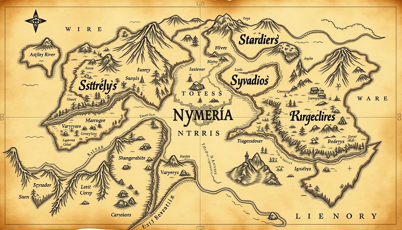 Hand-drawn fantasy map of Nyméria with four kingdoms around central mountains