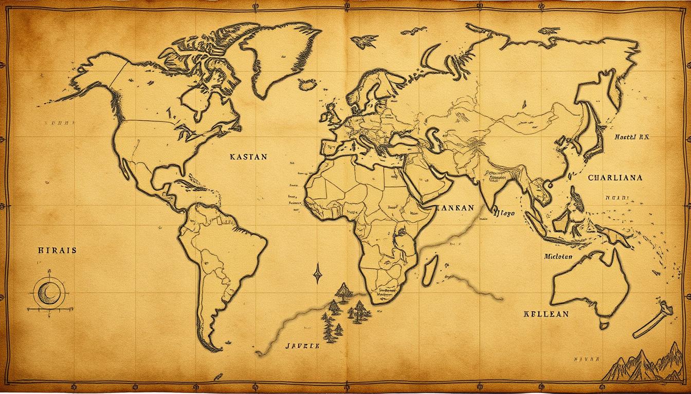 Sepia world map focused on continents, coastlines, and geographic forms