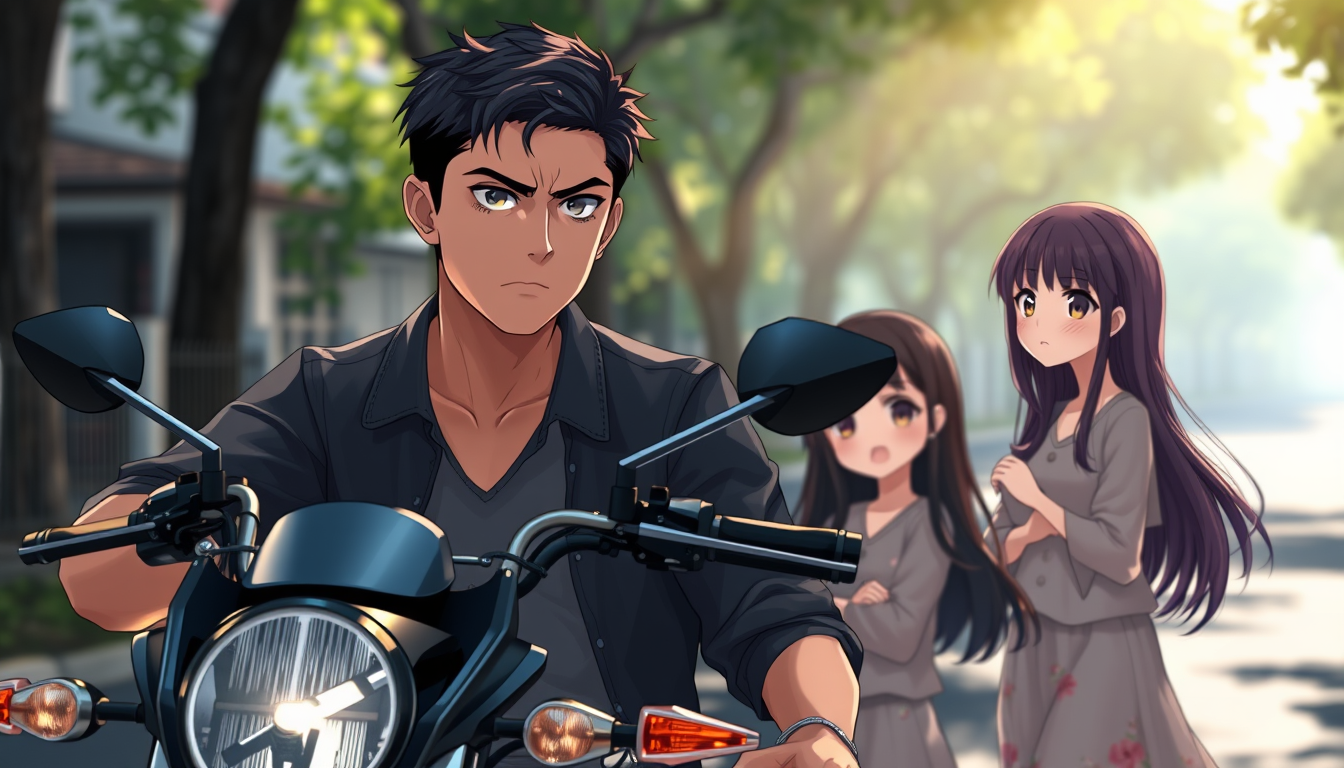 AI Art prompt example created from the prompt: A handsome young man sitting on a black motorcycle on a quiet street, having narrowly avoided hitting a girl who stumbled right in front of 