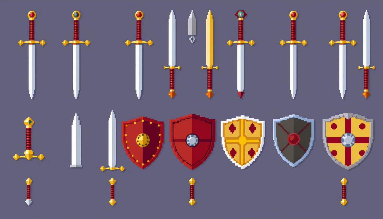 Sprites idea: pixel art game sprite, clean pixel grid, retro 16-bit palette, 20 no background 8x8 pixel medieval swords and shields , game-ready sprite sheet