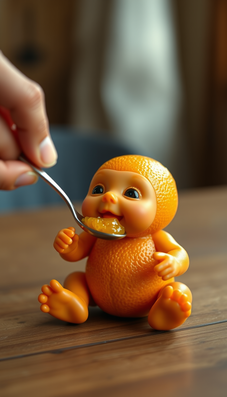 Main art studio: Hyper-realistic adorable tiny baby made entirely from a fresh orange. Its whole body has realistic orange peel texture, with big glossy eyes, tiny han