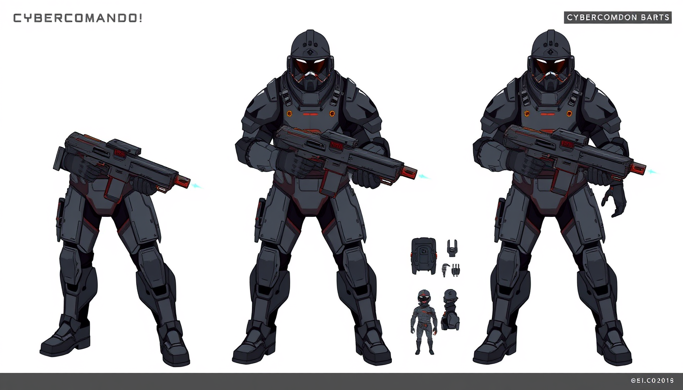 AI Art prompt example created from the prompt: Full body character concept art of Cybercomando, a futuristic super soldier for an isometric 8-bit sci-fi action game. Heavy dark gray metal