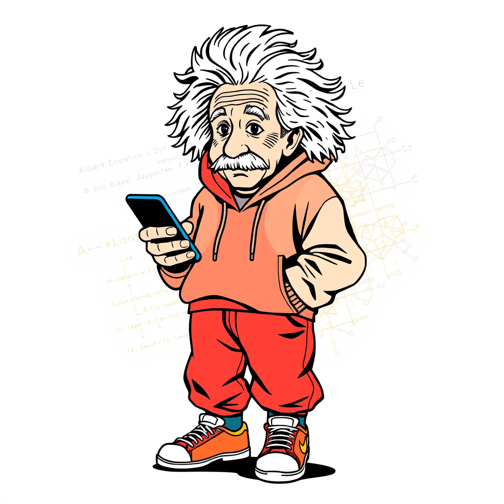 Main art studio: :::writing{variant=“standard” id=“54193”} Albert Einstein reimagined as a modern streetwear icon, instantly recognizable wild white hair and mustache,