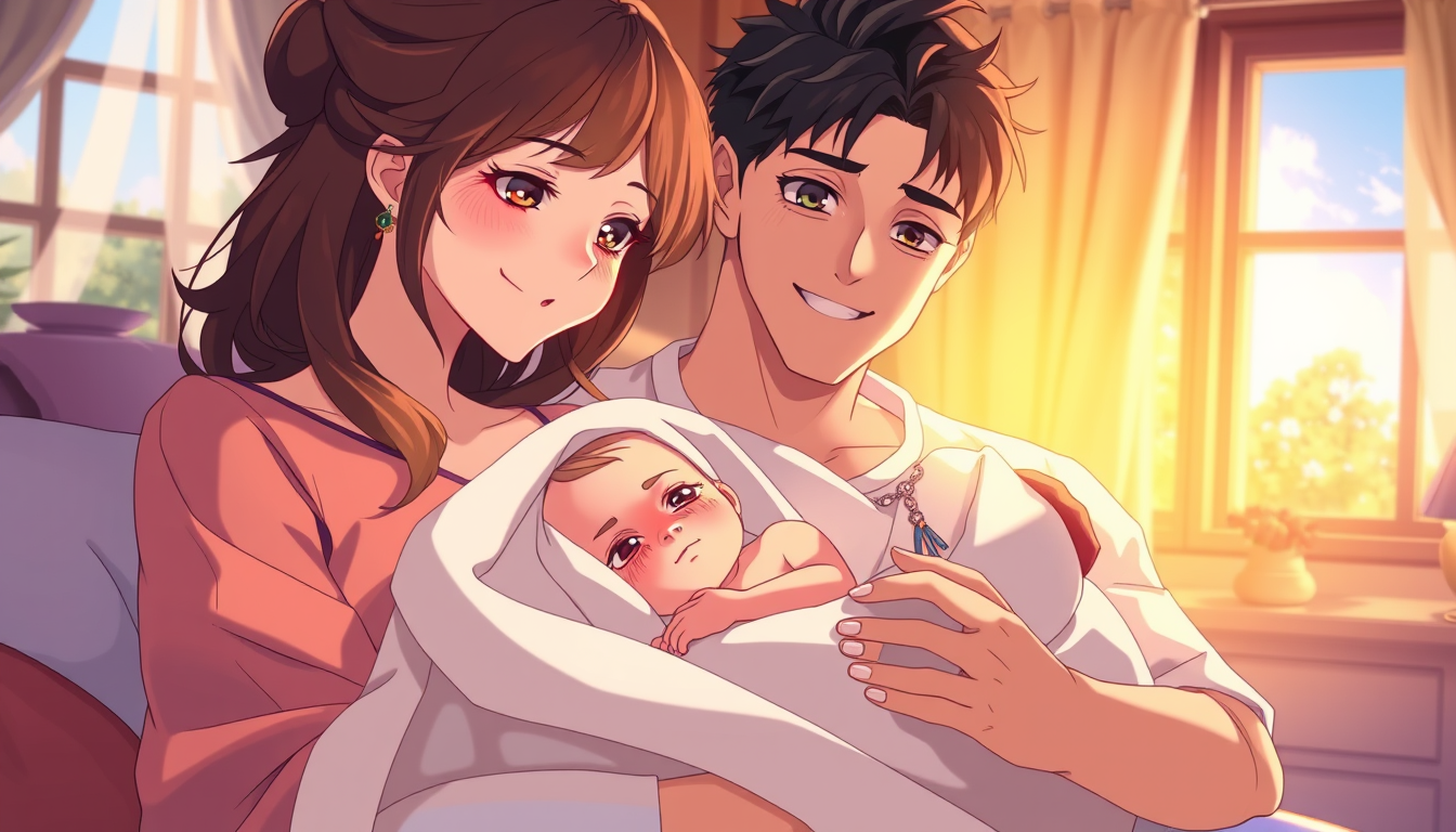 Anime idea: anime style, vibrant colors, expressive eyes, Newborn MC is reborn in a new fantasy world, lying safely in his mother's arms in a warm bedroom, wrappe