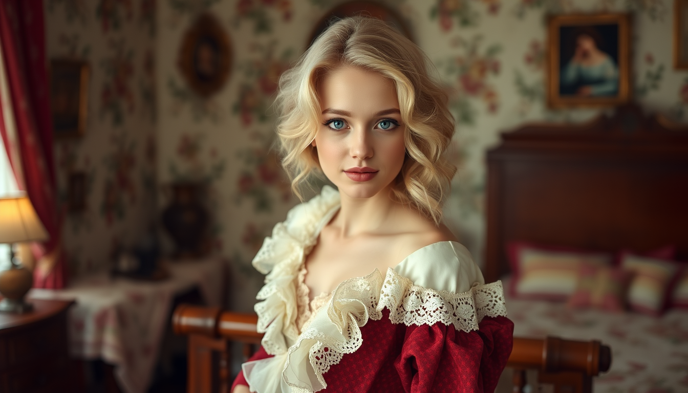 Main art studio: Une femme de l'époque blonde très claire et sa peau de la mm couleur que ses cheveux yeux bleus un duvet rose . une femme rêveuse , naïve et spontané 