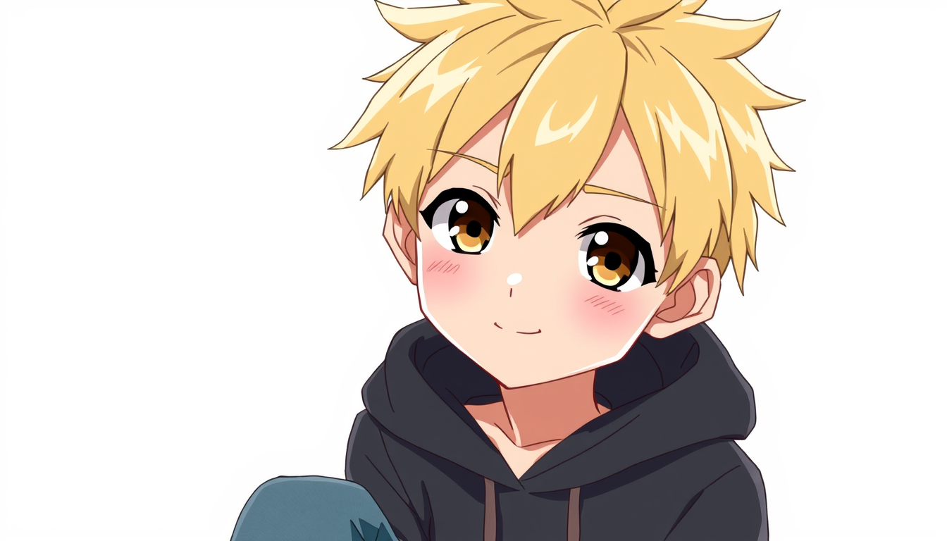 Main art studio: Anime boy, blond short spiky mod cut, straight hair, brown eyes, slim, friendly expression, dark gray hoodie and jeans, slightly childlike appearance.