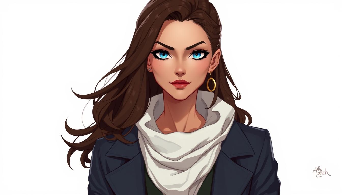 Characters idea: original character design, detailed outfit and accessories, expressive personality, Une femme, brune avec des cheveux brun/noir au yeux bleu glacaent 