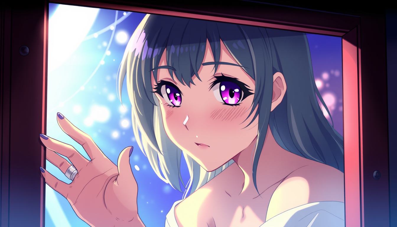 Anime idea: anime style, vibrant colors, expressive eyes, Hot Anime woman Stuck in window , detailed anime illustration