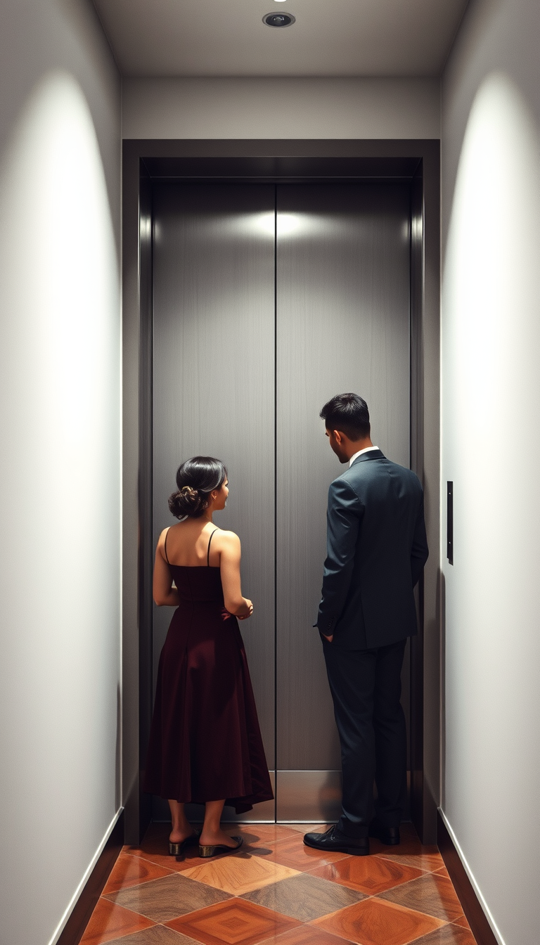 Main art studio: Crie uma cena em que uma muher sai do elevador e entra no corredor do prédio. De frente para sua porta, há um bilhete. Ela se abaixa para pegar e ao l