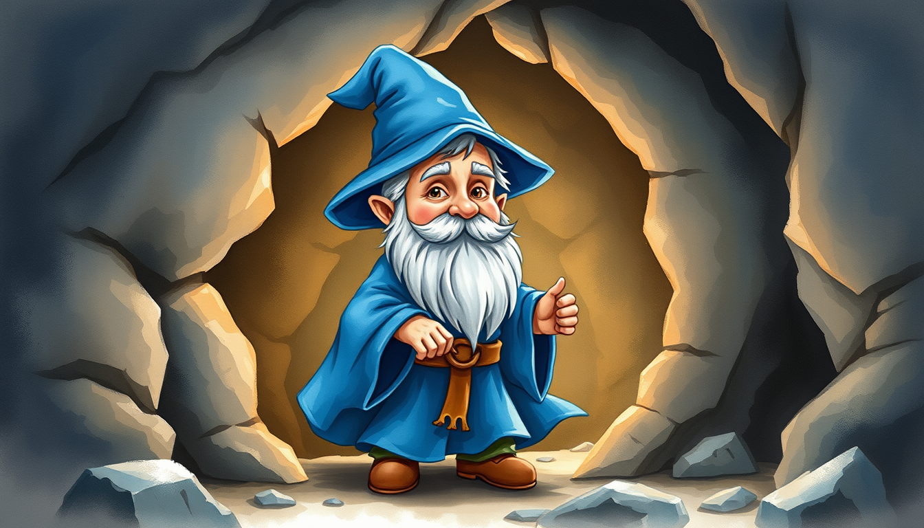 Main art studio: create a watercolor style picture of a halfling wizard dressed in blue robes and pointy blue hat emerging from a cave