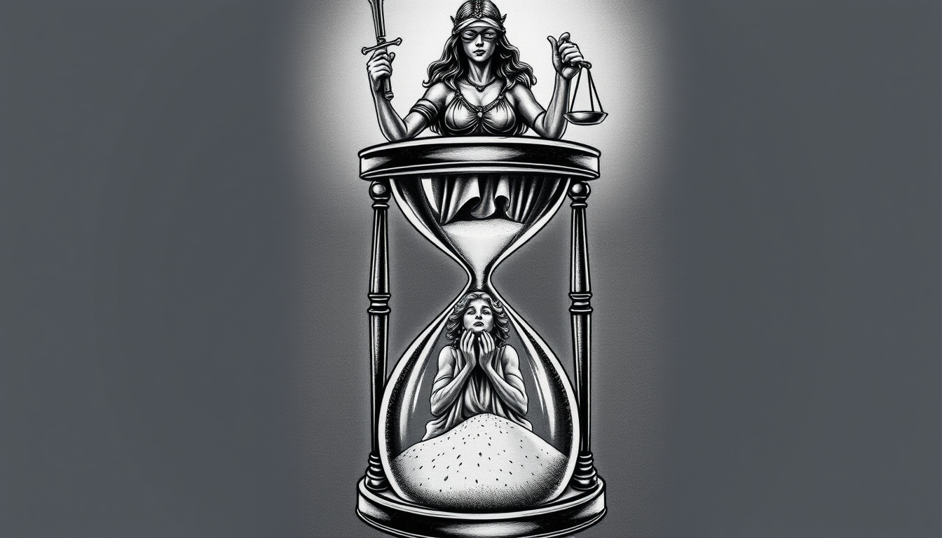 Main art studio: “Dark realistic black and grey tattoo design, vertical composition. The Lady Justice sits majestically on top of an antique hourglass, blindfolded, ho