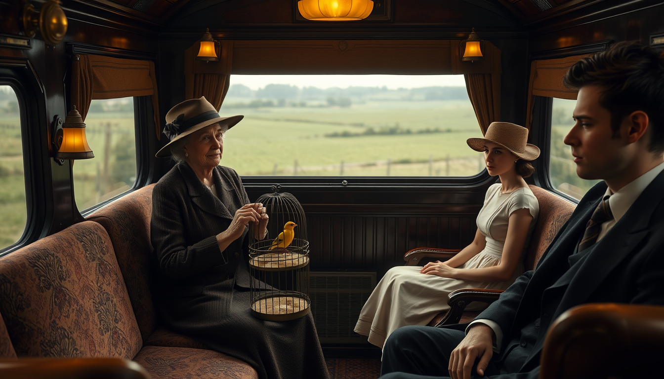 Realistic Images idea: photorealistic generated image, natural materials and skin texture, physically plausible lighting, Three people in a cosy, luxurious 1920s train compa