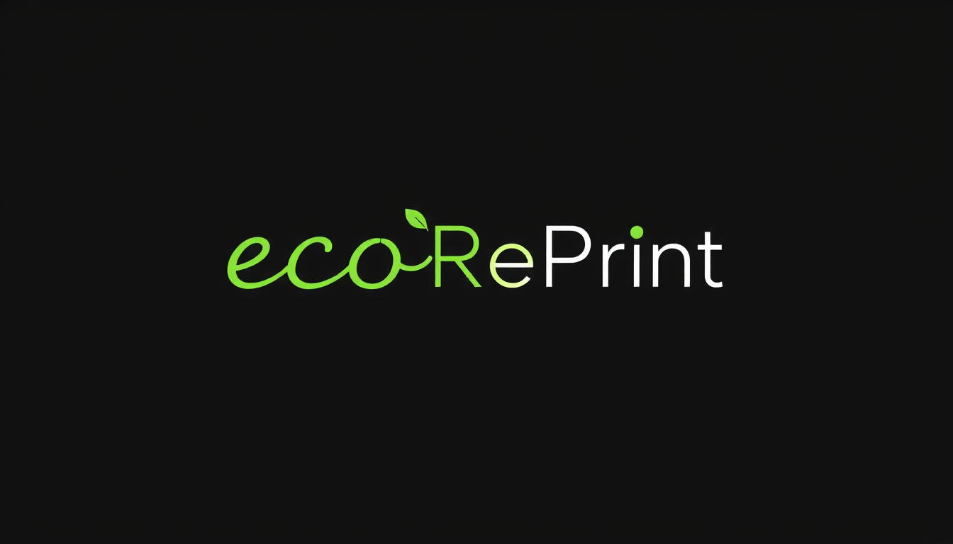 Main art studio: Create a minimalist professional vector logo for ecoRePrint on a black background. The word “eco” is handwritten in bright green and formed from one c