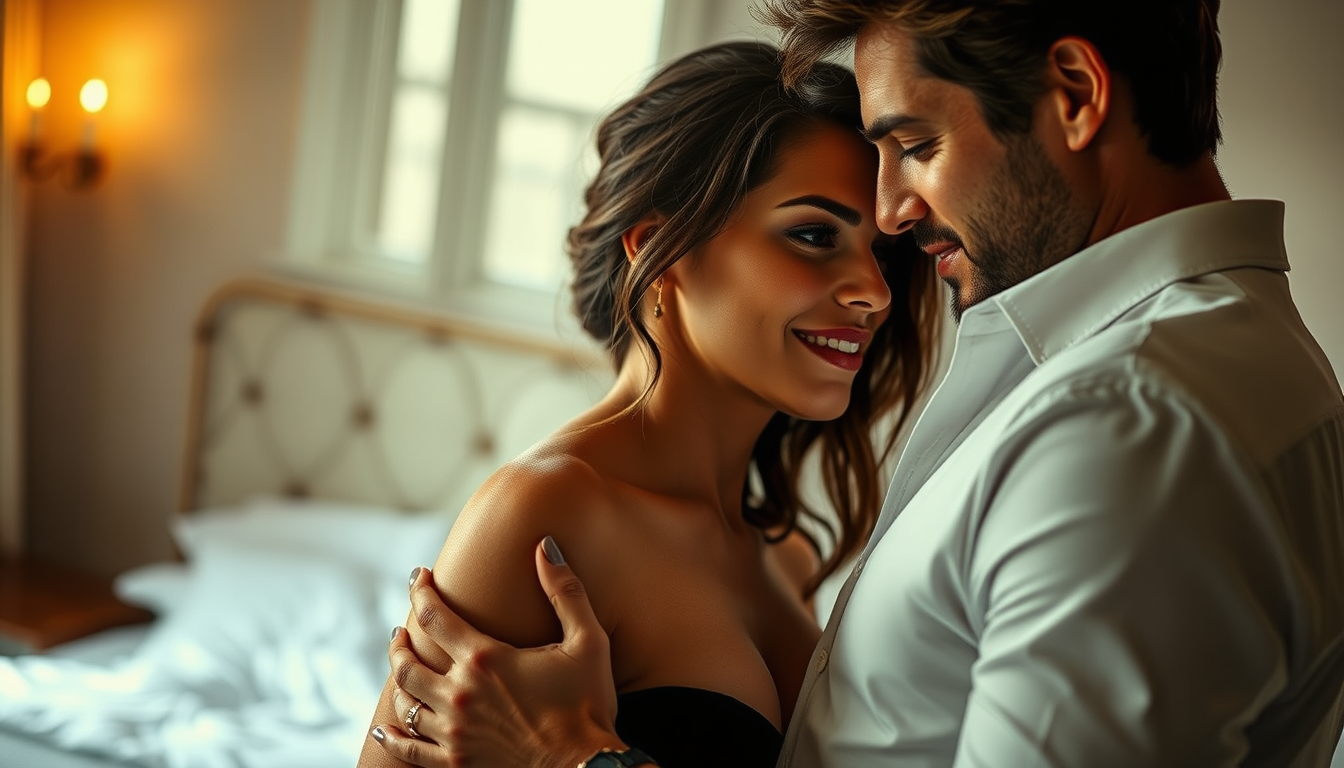 Main art studio: Photorealistic sensual romantic portrait of an attractive adult married couple, standing very close together in an intimate embrace, intense eye conta