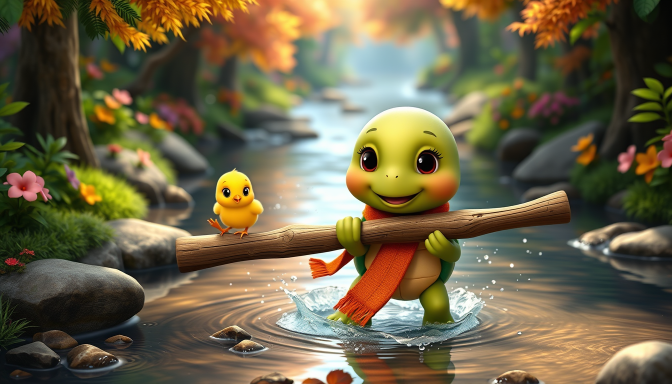 Main art studio: Cute baby turtle with green shell and orange scarf carrying a long wooden branch toward a shallow stream, determined happy expression. Cute yellow chi