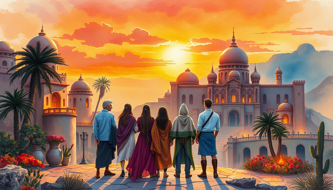 Main art studio: mesmerizing watercolor paint drawing that sunset city oasis, a group of diverse friends standing together facing fear of the unknown, thye use an anci