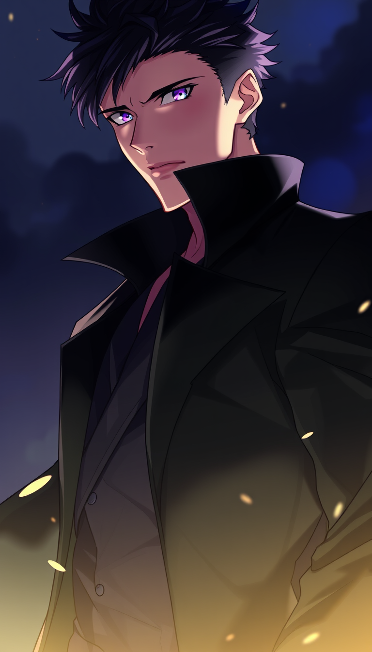 Anime idea: anime style, vibrant colors, expressive eyes, Anime male protagonist, tall and lean-muscular, pale skin, sharp jawline, messy black hair, piercing vio