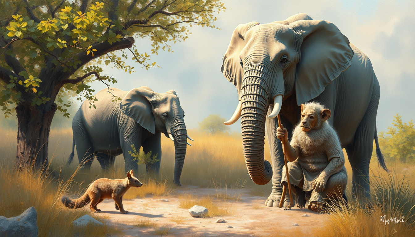 Main art studio: Peinture réaliste d'une scène naturelle douce avec un renard, un éléphant et un sanglier. Interprétation libre, textures naturelles, lumière douce, pa