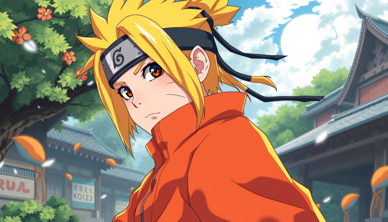 Anime idea: anime style, vibrant colors, expressive eyes, Buat naruto dg tubuh dan bibir tsunade buat mirip dg anime naruto dan buat full dg pose feminim dan back