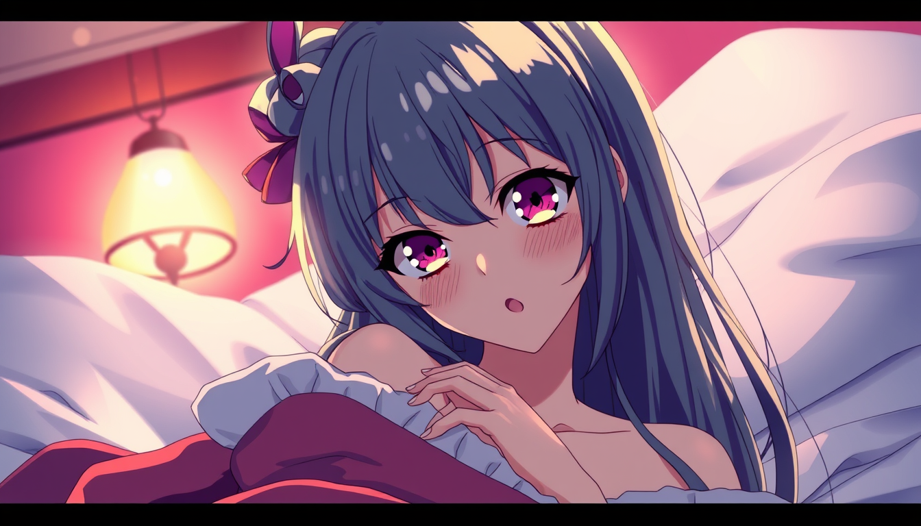 Anime idea: anime style, vibrant colors, expressive eyes, an erotical anime waifu with aut many clouthings ley on the bét up to the duvet , detailed anime illustr