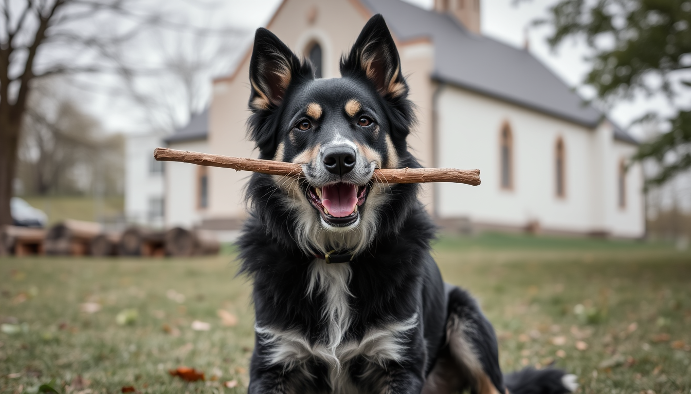 AI Art prompt example created from the prompt: a black and white dog with a stick in its mouth sitting with a church in the background