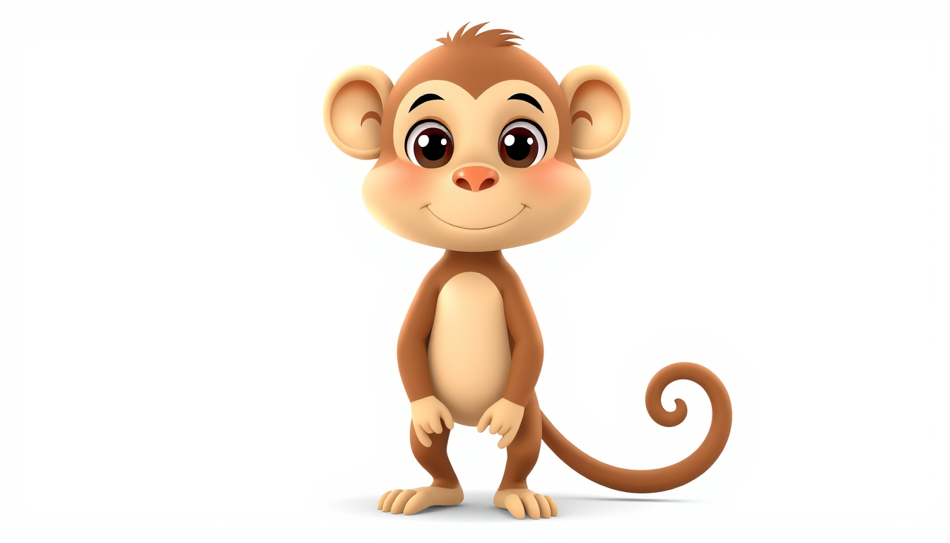 Main art studio: A cute 2D cartoon monkey character, standing upright like a human. Soft light brown fur, a beige face, big round expressive dark eyes, small rounded e