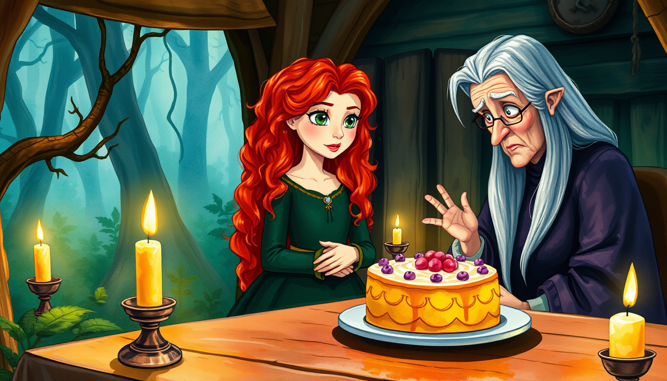 Main art studio: Inside a mysterious forest cottage, Merida, a teenage princess with long curly red hair, green eyes, and a dark green dress, talks to an elderly WOMAN