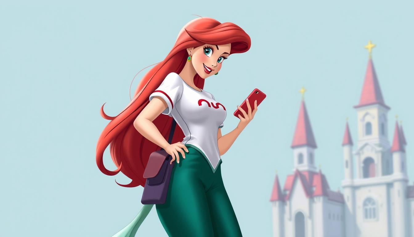 Main art studio: Imagen de una princesa Disney Ariel humana tenga una camiseta de España unos vaqueros cortos un móvil redmi en la mano y un bolso de la marca selan qu
