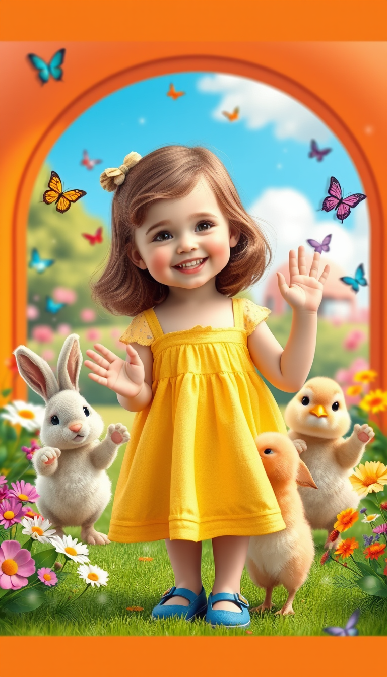 Main art studio: A cute little girl with brown hair in a yellow dress and blue shoe stands in a colorful park, smiling at the camera. She is surrounded by flowers, but