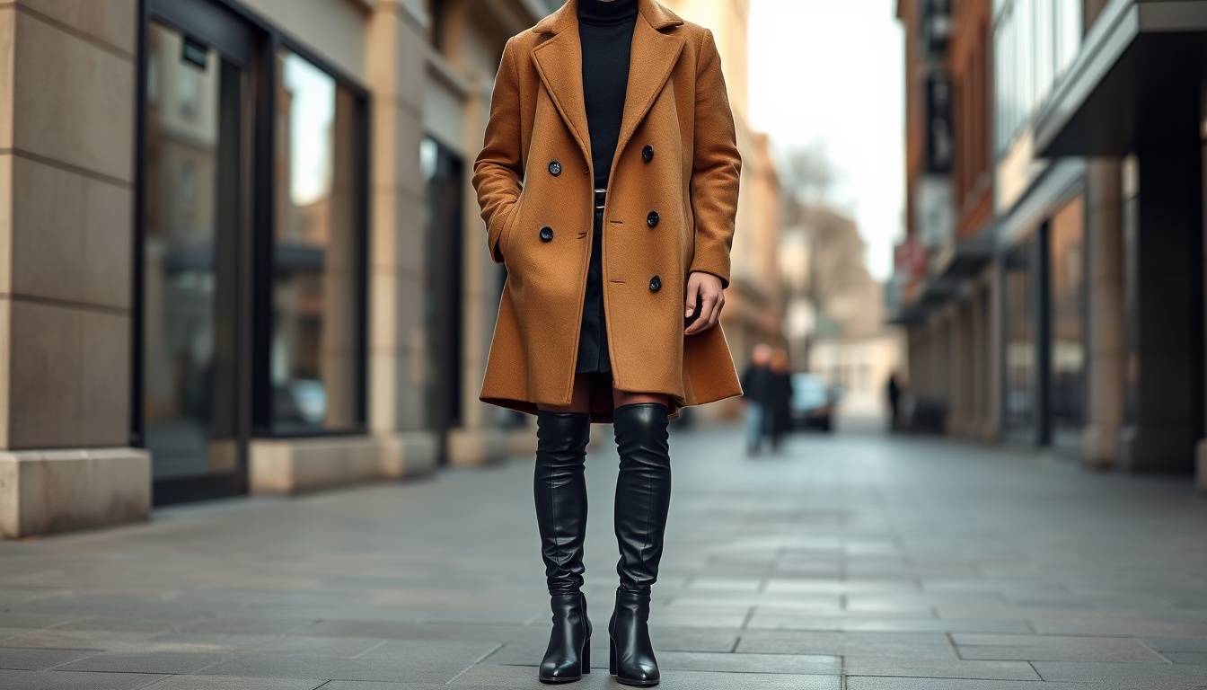 Main art studio: An elegant man wearing a stylish autumn-winter fashion outfit, standing in an urban setting. He is wearing a short black A-line skirt with a high wais