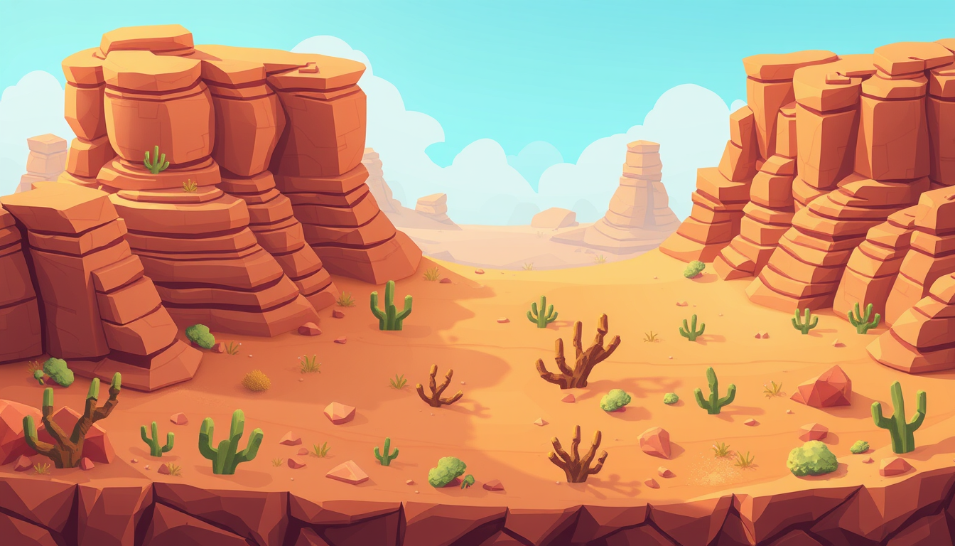Main art studio: 2D tilesheet for game environment, generic arid desert or dry steppe. Paper-craft RPG aesthetic, colorful and playful, layered paper shapes, soft shad