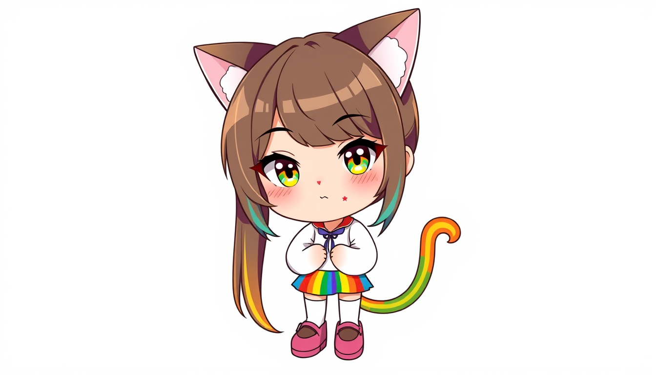 VTuber idea: vtuber avatar character, anime style, expressive face, streaming-ready design, girl with rainbow eyes, brown and rainbow long hair, a rainbow long sle