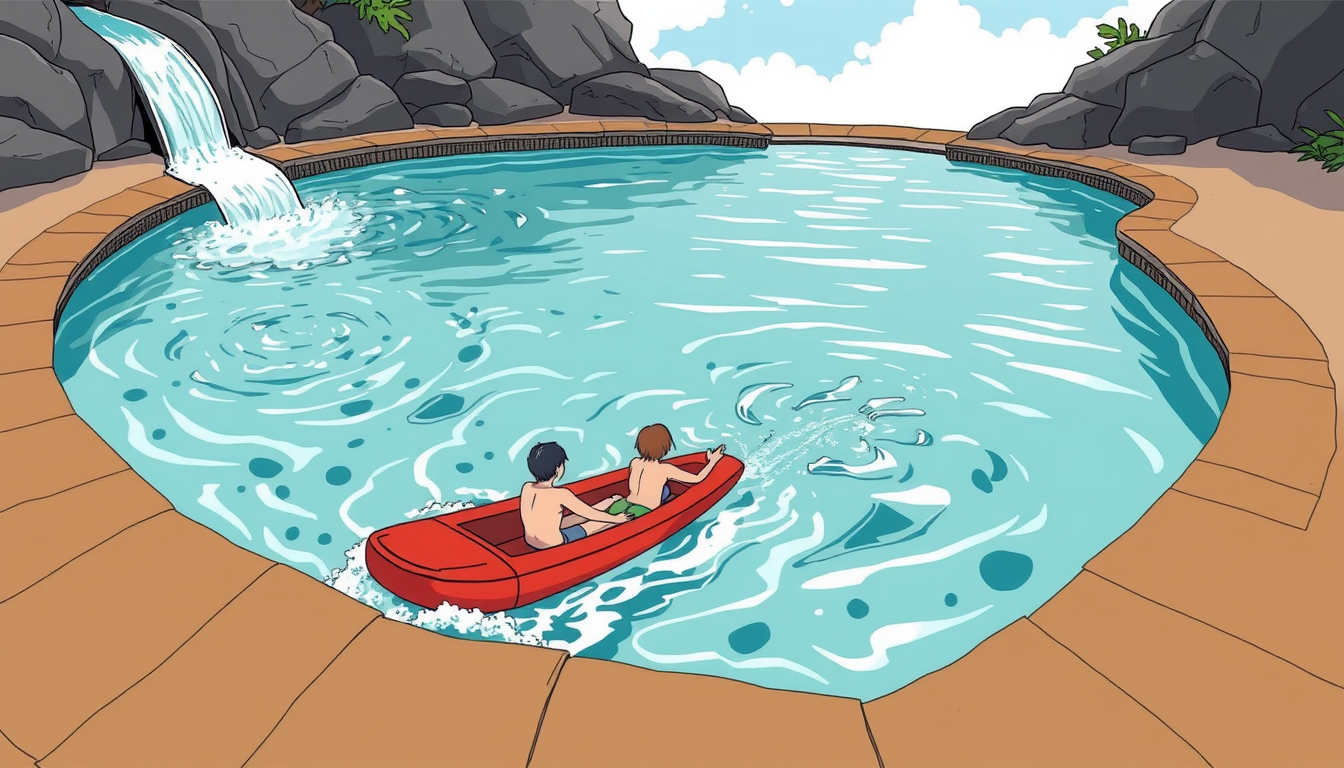 Main art studio: Piscine a l’air libre qui se remplit grâce à une cascade qui passe sur des roches. La cascade et bordé de roches noires et grises. Les bord de la pisc