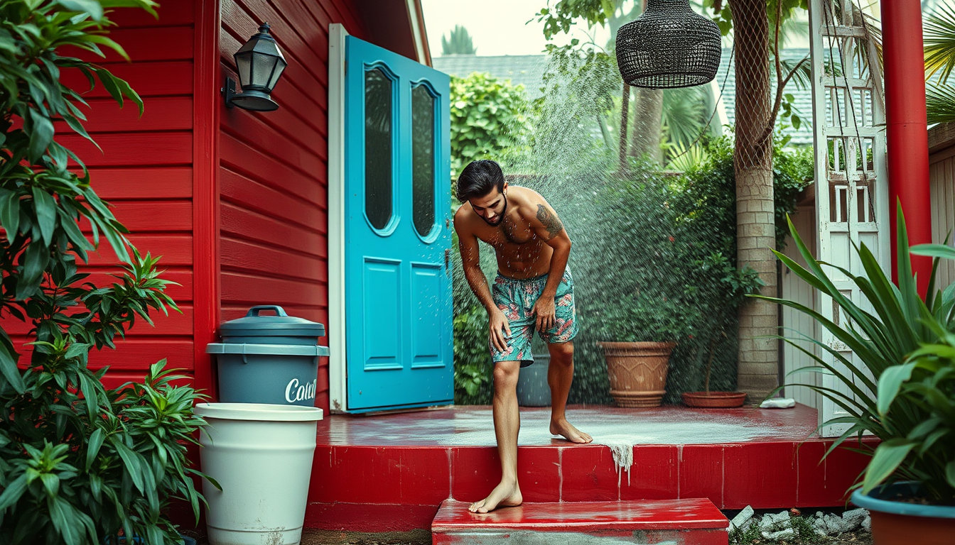 Main art studio: Create a image of Diogo Piçarra washing a red porch on shorts in a sexy 90's way