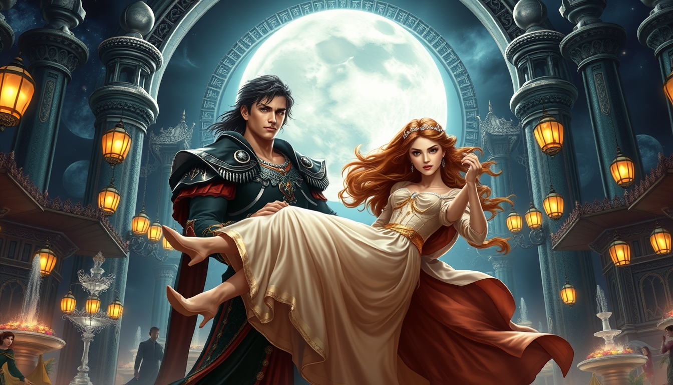 Main art studio: A tall warrior prince carries a princess through a grand silver moon gate.The prince has dark hair, amber eyes, and a black-and-crimson ceremonial coa