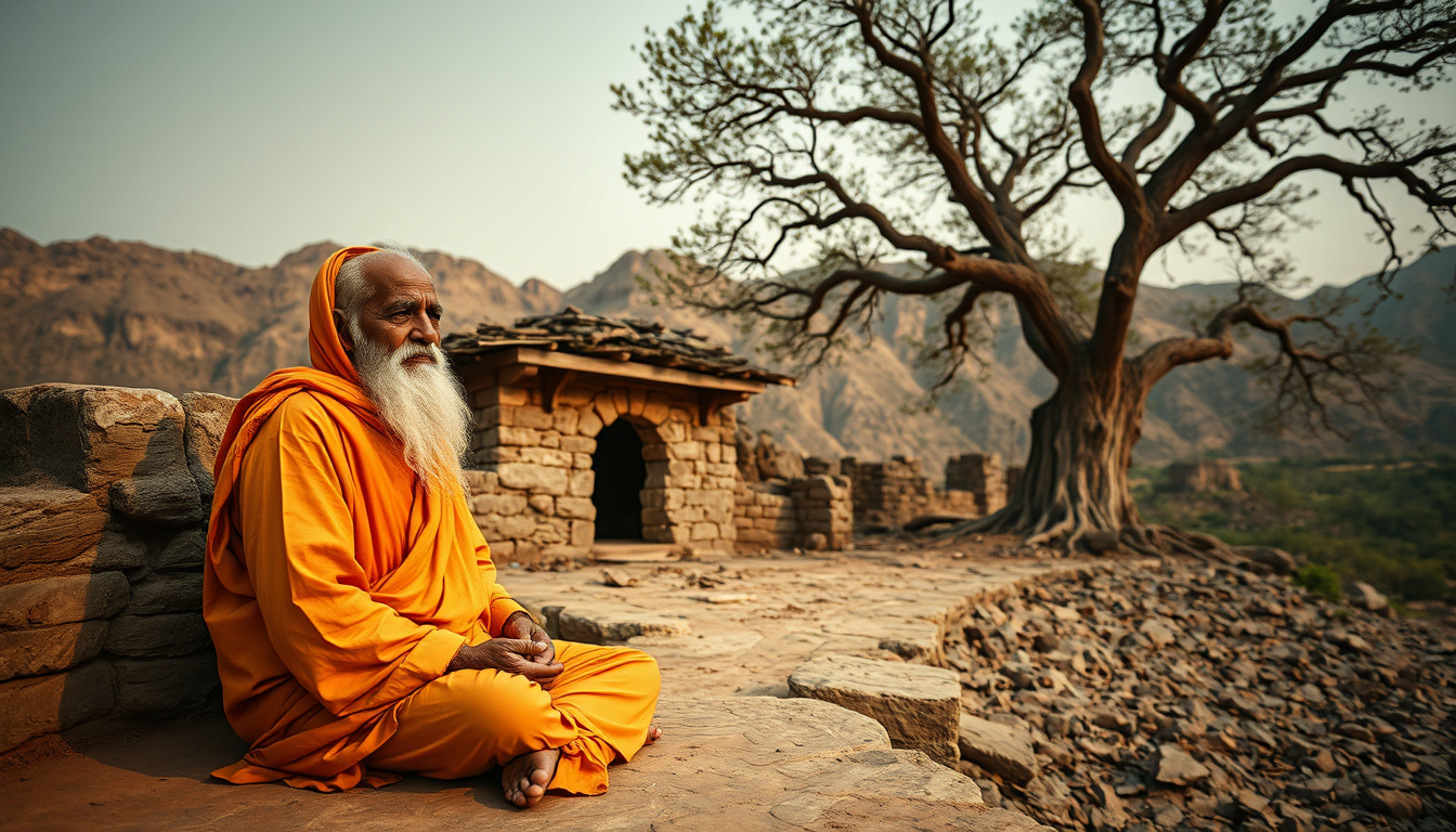 Main art studio: An elderly Indian ascetic Baba Balunath meditating beside a small stone hermitage near the Aravalli hills, simple saffron robes, long white beard, pea