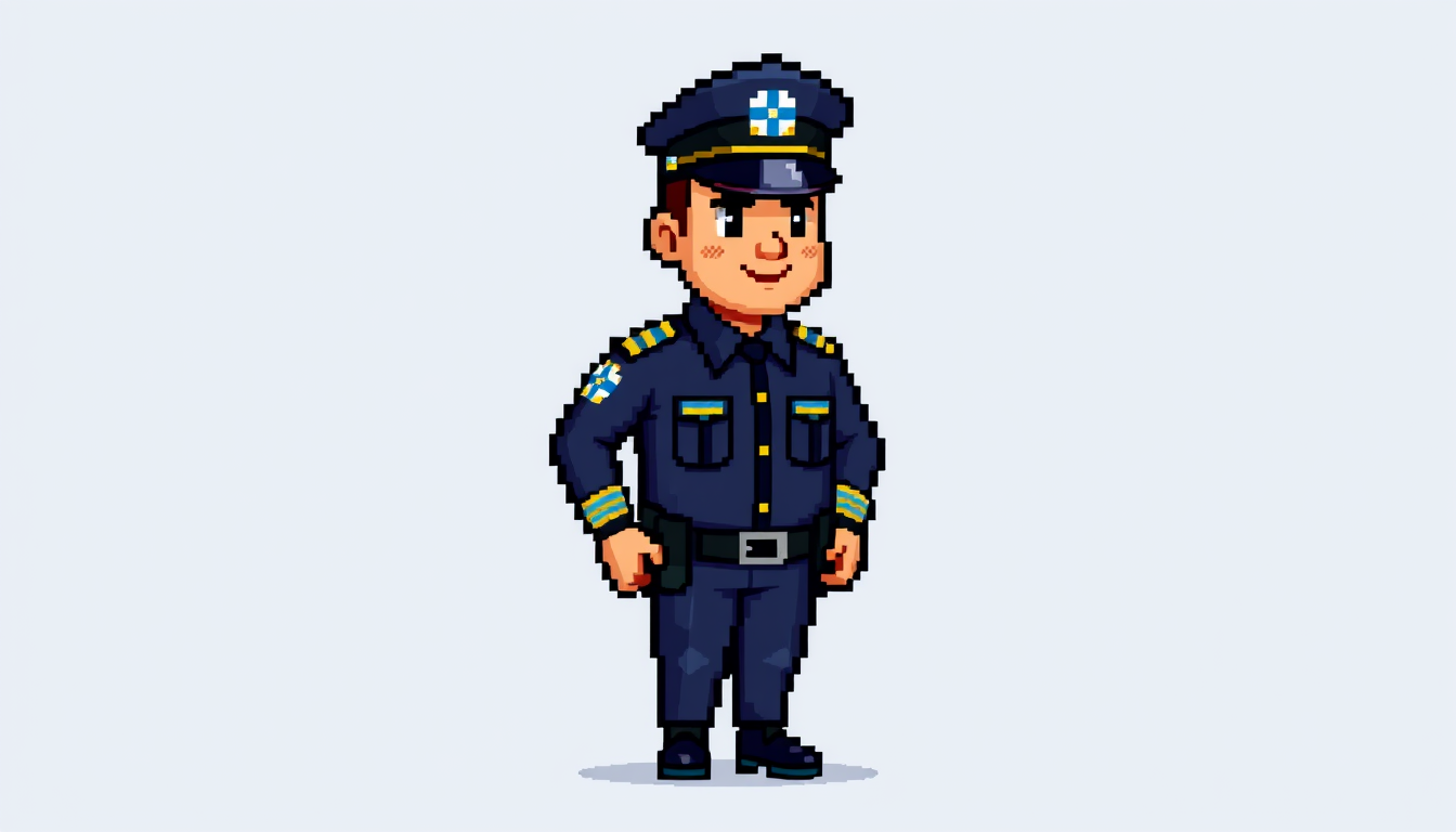 Sprite idea created from the prompt: pixel art game sprite, clean pixel grid, retro 16-bit palette, Dominican traffic officer inspired by “Agentes al 100”, dark-blue uniform wit