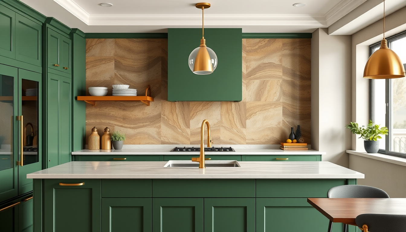 Main art studio: green kitchen with gold trim hardware. the back wall is made from smooth rammed earth that appears striated and has shades of green, brown and gold, r