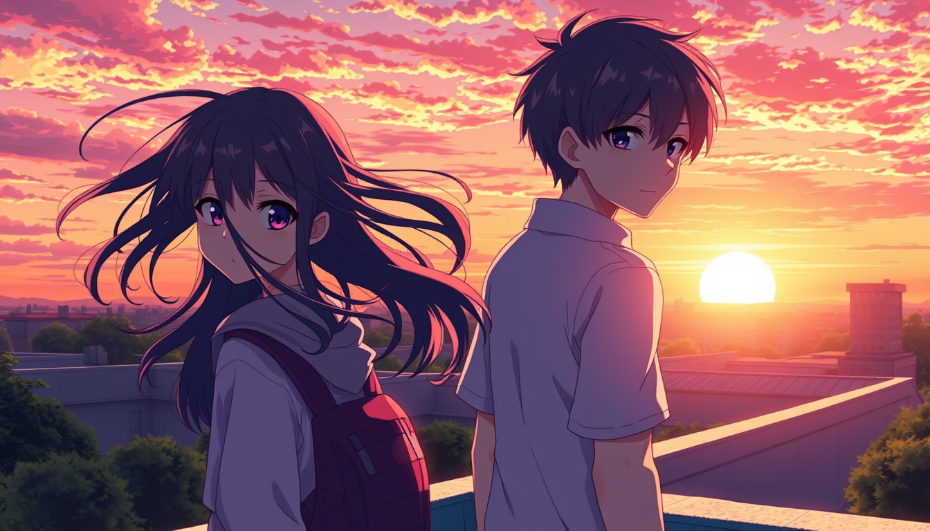 Anime idea: anime style, vibrant colors, expressive eyes, school rooftop at sunset, two students backlit, wind in their hair , detailed anime illustration
