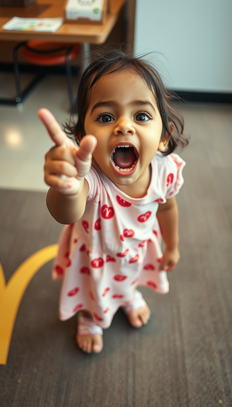 Main art studio: little indian girl standing on mcdonalds carpet with mouth open wide reaching up, angle from above girl