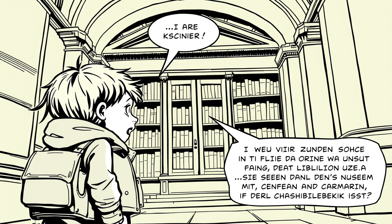 AI Comic idea created from the prompt: comic panel, bold inks, halftone shading, speech-bubble ready composition, Zwei Kinder treffen sich an der Leipziger Stadtbibliothek. Sie fi